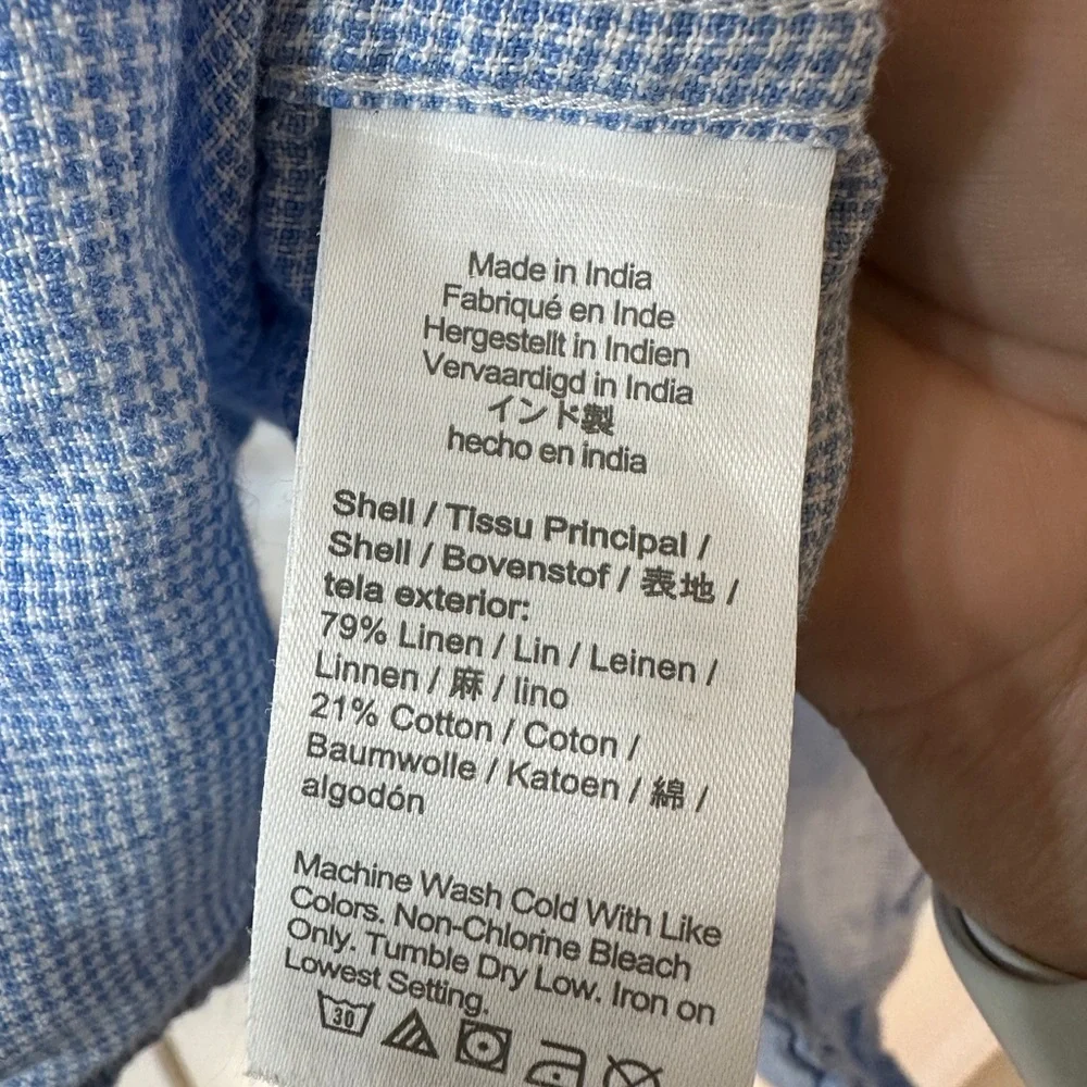 J Crew Mens Linen Blend Button Down Shirt Blue Gingham Plaid Long Sleeve Size L